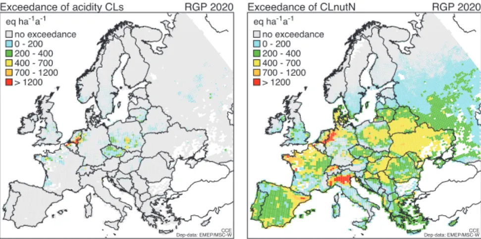 Figure 1.11 Areas where critical loads (CL28) for acidification (left) and eutrophication (right) are exceeded by acid depositions  (EMEP28) caused by emissions in 2020 projected under the Revised Gothenburg Protocol.