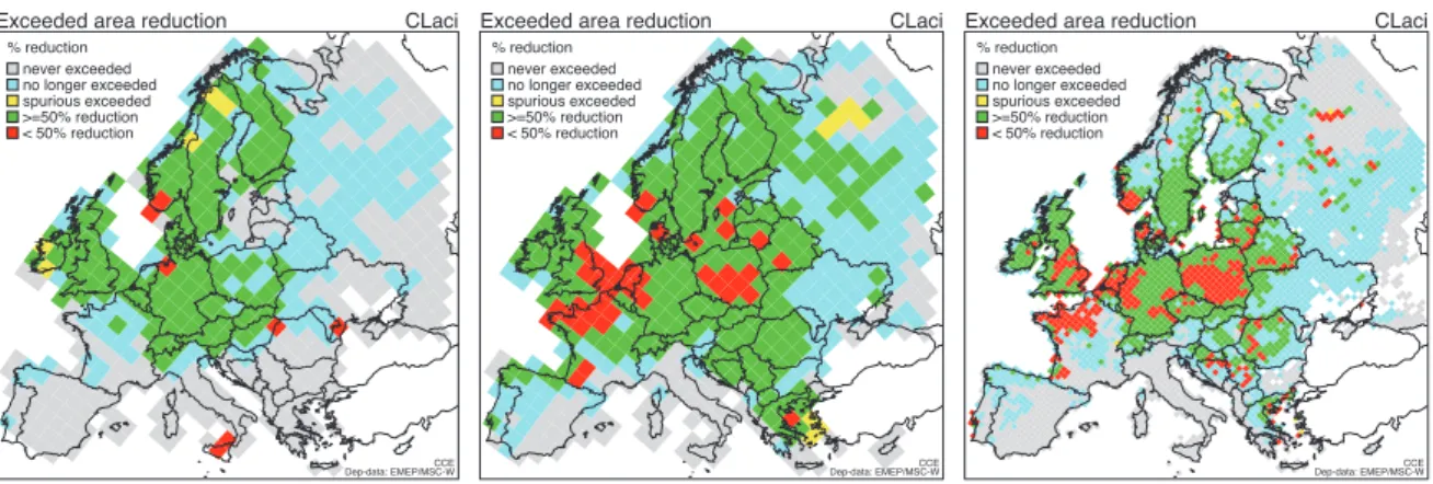 Figure 3.5 Grid cells where the area at risk of acidification has been reduced by more than 50% (green) and grid cells where the NEC  Directive requirements are not met (red) according to old knowledge (left), and present knowledge summarised on the EMEP15