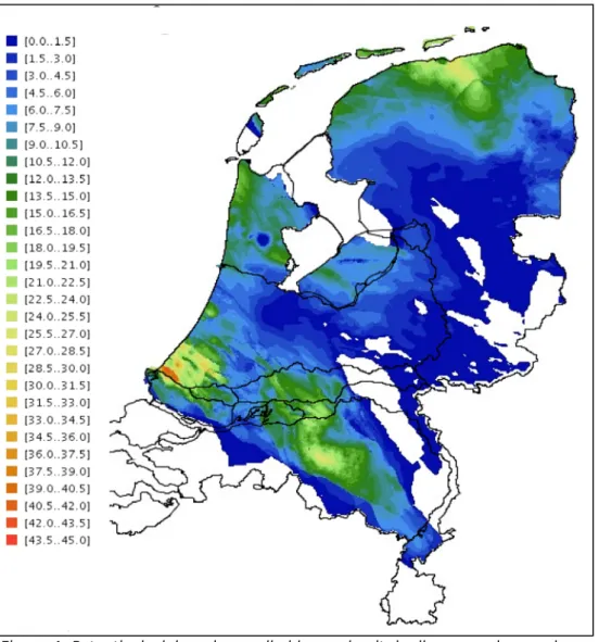 Figuur 4. Potentieel winbare hoeveelheid energie uit de diepere ondergrond voor  alle geïdentificeerde reservoirs in Nederland in PJ/km 2  (bron: www.thermogis.nl) 