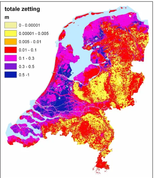 Figuur 6. Totale zetting van de ondergrond in Nederland na het opbrengen van  circa 1 m droog zand volgens de methode Koppejan (pers.comm