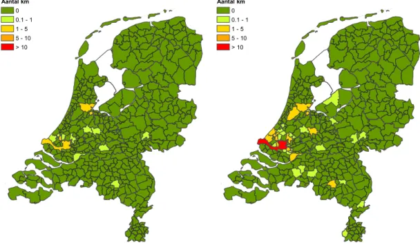 Figuur 1 Aantal overschrijdingen NO 2  in 2015 getoetst aan de wettelijke  grenswaarde (links) en met bandbreedte (rechts)