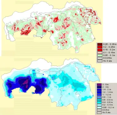 Figuur 3: Ruimtelijke invloed beregeningsonttrekkingen uit het grondwater  in Noord-Brabant aan het eind van de beregeningsperiode; boven: verlaging  grondwaterstand, onder: verlaging stijghoogte (Bron: Deltares, 2008).