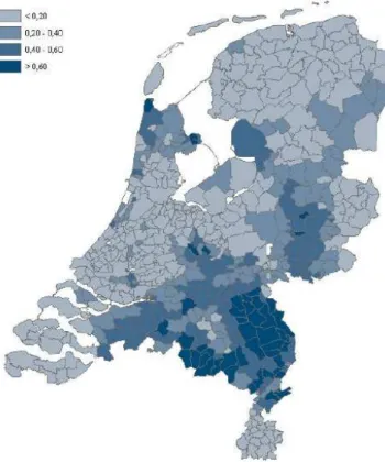 Figuur 4: Aandeel van de te beregenen oppervlakte in de totale oppervlakte  cultuurgrond naar gemeente (Bron: Hoogeveen, e.a., 2003)