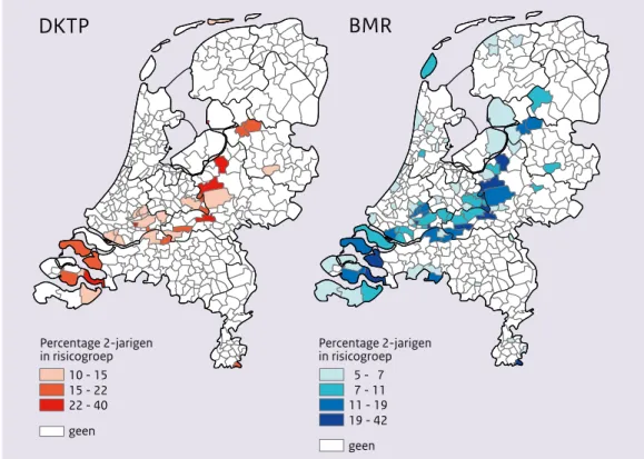 Figuur 3.4: Percentage 2-jarige kinderen in de risicogroep  a  voor DKTP en BMR per   gemeente  b,c , in 2013 (Bron: Van Lier et al., 2014; gegevens bewerkt door RIVM)