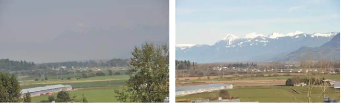 Figure 3.2. Mountainous vistas in the lower Fraser Valley in British Columbia      shrouded by secondary PM- reputed to harm the important tourist industry  August 12, 2012 (left) and February 2, 2013 (right)