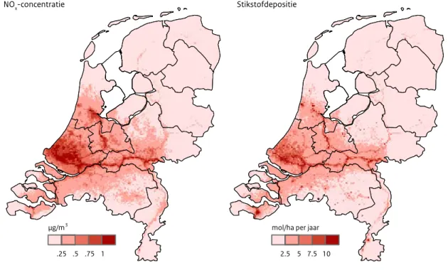 Figuur 2.7  De toename in NO x -concentratie (links) en stikstofdepositie (rechts) bij toepassing van de verbeterde implementatie  van de pluimstijging.