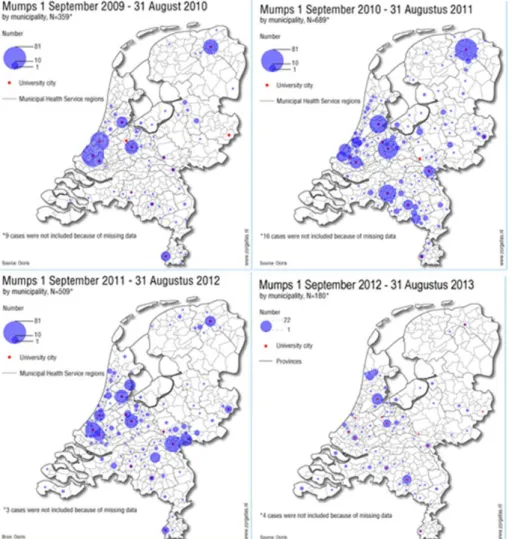 Figure 13  Number of notified mumps cases by municipality for four mumps  seasons (September-August) 