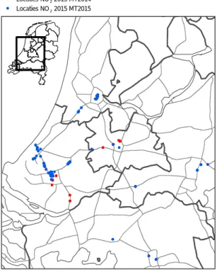 Figuur 7 Ligging overschrijdingslocaties voor NO 2  in 2015, zoals berekend in  monitoringsronde 2015 en monitoringsronde 2014