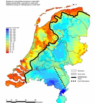 Figuur 2: Diepteligging brak-zout grensvlak met de grens tussen het ‘zoete’ en  brakzoute gebied  (Stuurman et al., 2006)
