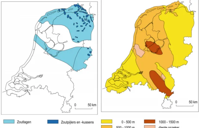 Figuur 1: Potentiële gastgesteente voor de eindberging van radioactief afval in  Nederland: verbreiding van steenzout (links) en diepteligging Boomse Klei  (rechts)