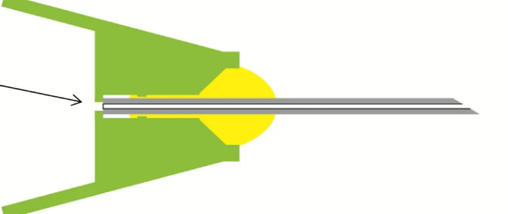 Figure 3.2.1: A cross-section of a hypodermic needle. The yellow area indicates  the proper area for adhesive