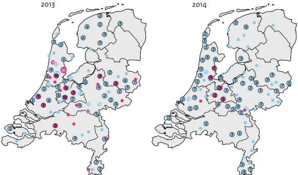 Figuur 3. Geografische verdeling van de aanvragen voor bofdiagnostiek bij CIb-IDS in 2013 en  2014