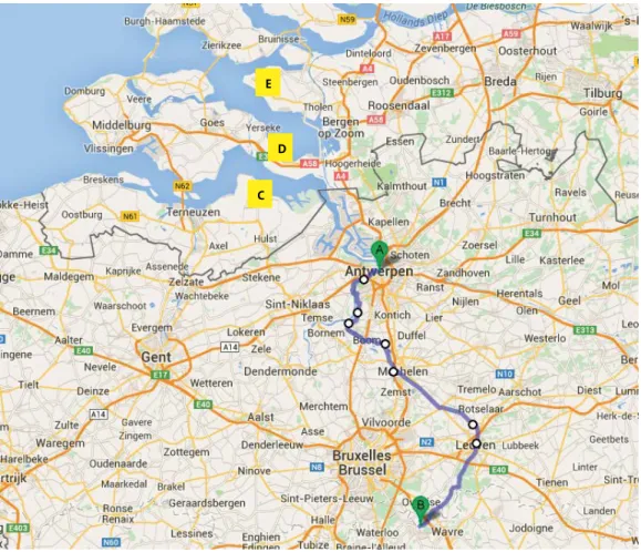 Figuur 1. Kaart van delen van België en Nederland. A= Antwerpen, België, B = GSK, Rixensart,  België, C = mosselsamplingsite, Kloosterzande, Nederland, D = rioolbemonsteringslocatie  Krabbendijke, E = rioolbemonsteringslocatie Stavenisse