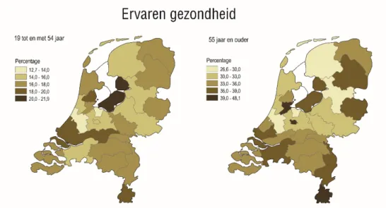 Figuur 2.1. Gewogen percentage 19-54-jarigen en 55+’ers met een matige tot  slechte ervaren gezondheid naar GGD-regio