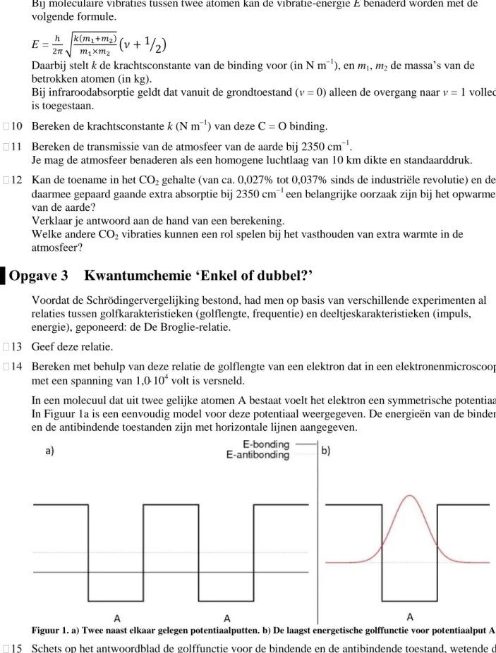 Figuur 1. a) Twee naast elkaar gelegen potentiaalputten. b) De laagst energetische golffunctie voor potentiaalput A