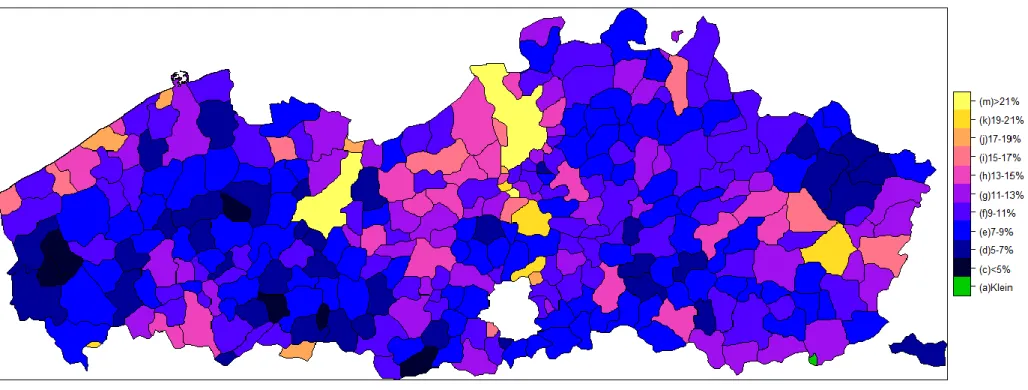 Figuur 1. Percentage vroege schoolverlaters in het Vlaams Gewest, gemiddeld over de jaren 2006 tot 2012, per gemeente (woonplaats), in  stappen van 2% 