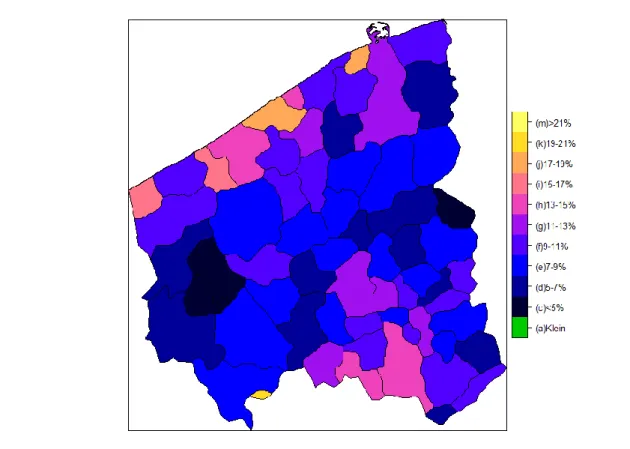 Figuur 2. Percentage vroege schoolverlaters in de provincie West-Vlaanderen,  gemiddeld over de jaren 2006 tot 2012, per gemeente (woonplaats), in stappen van  2% 
