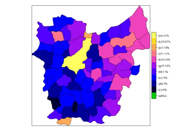 Figuur 3. Percentage vroege schoolverlaters in de provincie Oost-Vlaanderen,  gemiddeld over de jaren 2006 tot 2012, per gemeente (woonplaats), in stappen van  2% 
