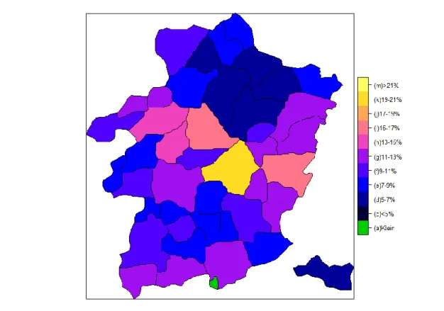 Figuur 6. Percentage vroege schoolverlaters in de provincie Limburg, gemiddeld over  de jaren 2006 tot 2012, per gemeente (woonplaats), in stappen van 2% 
