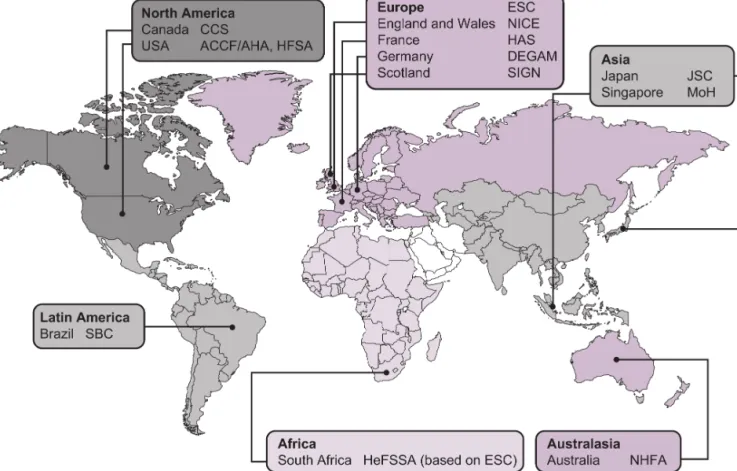 Figure 6.  Clinical practice guidelines for heart failure across the globe. 58,63,80,112–124
