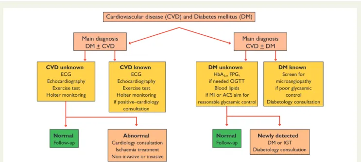 Figure 1 Investigational algorithm outlining the principles for the diagnosis and management of cardiovascular disease (CVD) in diabetes mellitus (DM) patients with a primary diagnosis of DM or a primary diagnosis of CVD