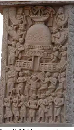 Figure 14. Relief showing veneration of  Buddhist relics in a stupa. From Bharhut,  Madhya Pradesh, India