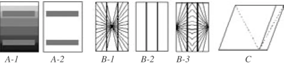 Figuur 2B-1 laat een ander voorbeeld zien. Het zeshoekig patroon kan worden  opgevat als een mozaïek van van identieke driehoeken (ﬁguur 2B-2)