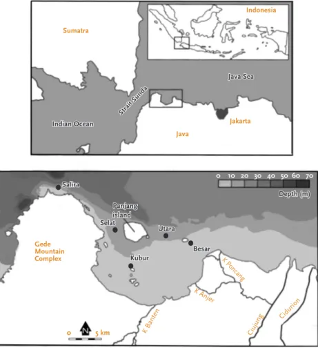 Fig. 1: Location map of Banten Bay showing the overall bathymetry, a number of coral islands and some  of the sampling stations for long-term measurements.