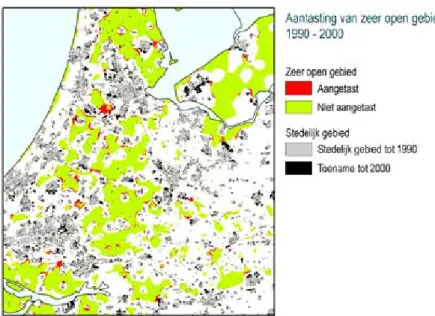 Figuur 4: Aantasting van zeer open gebieden in de Randstad tussen 1989 en 2000 Bron: mnp 2004, op basis van Roos-Klein Lankhorst e.a