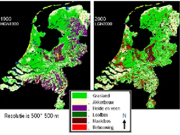 Figuur 2: Vergelijking van landgebruik in 1900 en in 2000 oorspronkelijke data van Alterra