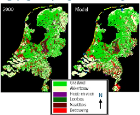 Figuur 4: Vergelijking kaarten landgebruik in 2000 en de gemodelleerde resultaten voor 2000 gebaseerd op  informatie van 1900