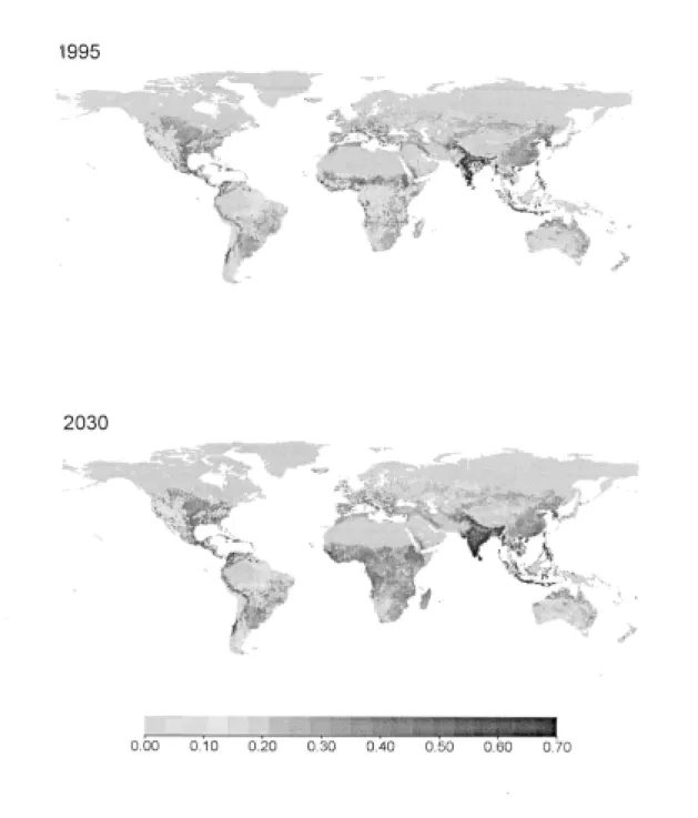 Figure 4: Projections of water-induced soil erosion as a result of increasing food production and climate change according to the IMAGE model, 1995 and 2030