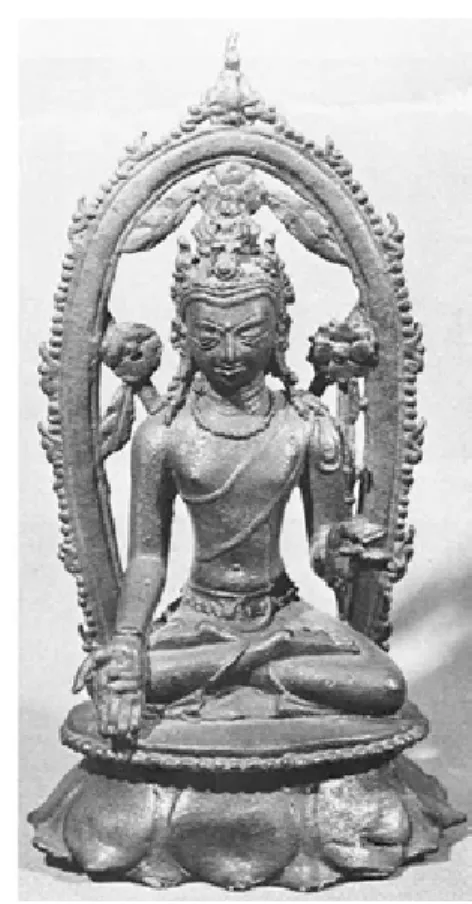 Fig. 12. Avalokitesvara, Nalanda  Site 11, Bihar, India, Bronze,  Sev-enth-Eighth Century, H: 21.6 cm.,  Nalanda Mueum, (Photograph after  Huntington 1984, Fig