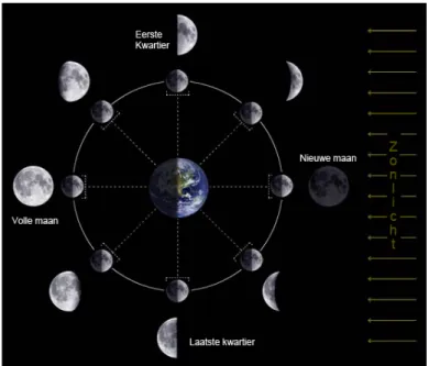 Figuur 1.9: De maanfasen zoals we die vanaf aarde kunnen zien. Dit wordt veroor- veroor-zaakt doordat de maan vanaf verschillende kanten belicht wordt door de zon.