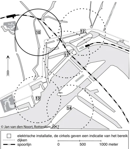 Figuur 6. Het eerste gemeenteplan. De centrale Leeuwenlaan (10) en de eventueel  later te vestigen centrales Punt (11), Hoogstraat (12), Yachtclubgebouw (13) en  Rijnhaven (14)