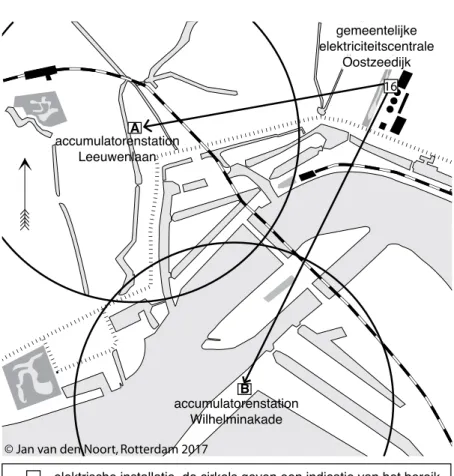 Figuur 8. Plan Oostzeedijk II. De centrale Oostzeedijk (16) met in volgorde van  belangrijkheid: Accumulatorenstation Rijnhaven (B) en Leeuwenlaan (A)