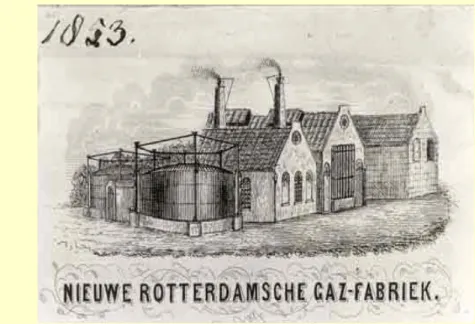 Ill. 1 De Nieuwe Rotterdamsche Gasfabriek aan de Oostzeedijk in 1853, kort na haar oprichting