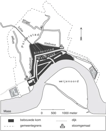 Fig. 2.   In het Waterproject van Rose en Scholten waren ten oosten en ten  westen van de stad singels voorzien, die bedoeld waren als verzamelriolen  voor de afvoer van het stedelijke afvalwater