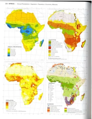Figuur 4: Vaste volgorde van kaartonderwerpen voor elk  gebied (hier Afrika: neerslag, plantengroei, 