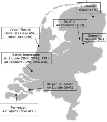 Figure 1 Production locations of the main industrial gas producers in the  Netherlands