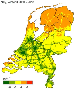 Figuur 4.3 Ontwikkeling grootschalige NO 2 -concentratie tussen 2030 en 2018. 