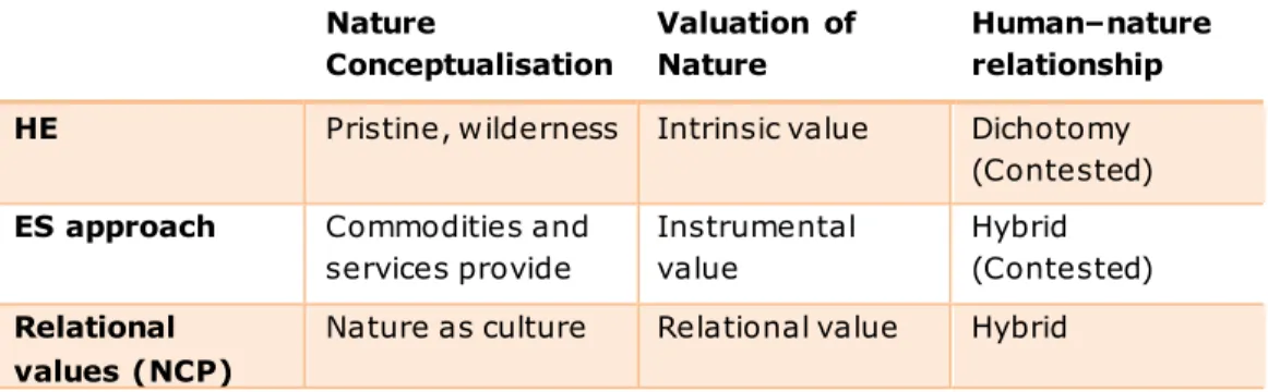 Table 2. Shows how HE and SP scenarios position on certain conceptual issues considered relevant: nature 