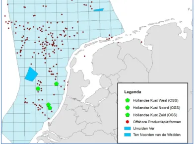 60  Figuur 1-1: Offshore productieplatformen in de nabijheid van (geplande) offshore 61  windparken in de Nederlandse Noordzee (bron: Guidehouse, op basis van data van 62  RVO en NLOG)