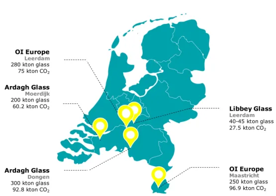 Figure 3 Overview of container glass and tableware glass production locations in the  Netherlands