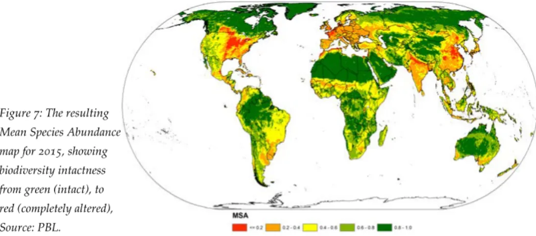 Figure 7: The resulting  Mean Species Abundance  map for 2015, showing  biodiversity intactness  from green (intact), to  red (completely altered),  Source: PBL.