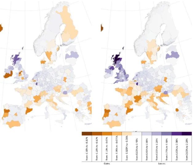 Figure 2: Change of competitiveness in hard-Brexit scenario in EU regions (Left) and of  international competitiveness only (Right) 