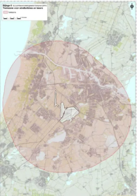 Figuur 2-3: De Outer Horizontal Surface rondom Schiphol geeft een toetsingsvlak voor  windturbines aan