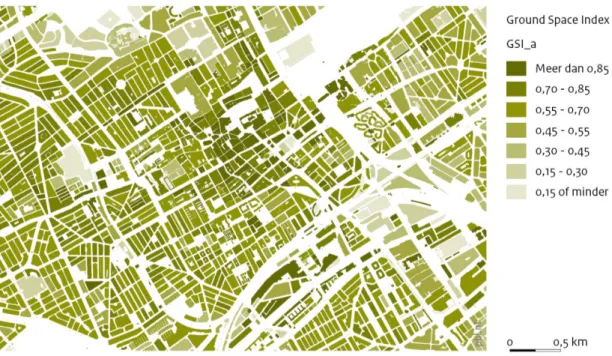 Figuur 18 Voorbeeld GSI per bouwblok. De Ground Space Indexes in het centrum van  Den Haag zijn redelijk hoog