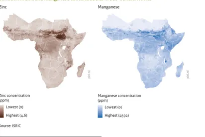 Figure 1: Estimated concentrations of zinc and manganese in soils across Sub-Saharan Africa 