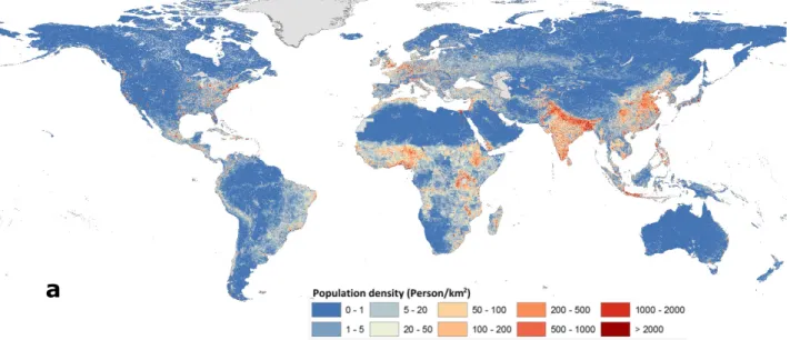 Figure 2. (a) Projected population density for SSP2 (2050), and (b) corresponding 